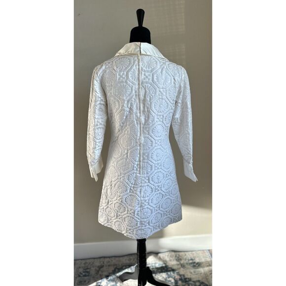 VINTAGE MISTER ROBERT 60's Mod Cream Satin Jacquard Mini Elopement Dress Size S - Picture 6 of 7
